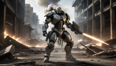 HQ,solo,holding,standing,weapon,outdoors,sword,holding weapon,gun,no humans,glowing,fire,robot,building,clenched hand,holding gun,mecha,glowing eyes,smoke,science fiction,city,realistic,cable,arm cannon,explosion,ruins,damaged,energy sword,debris,dust,destruction,rubble,radio antenna,sky,cloud,armor,rifle,firing,power armor