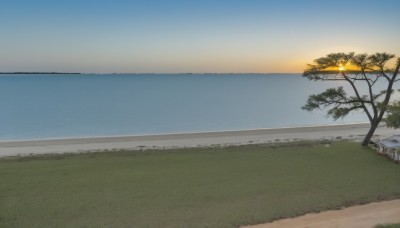 outdoors,sky,day,cloud,water,tree,blue sky,no humans,ocean,beach,grass,scenery,sunset,sun,horizon,road,gradient sky,shore,ground vehicle,nature,motor vehicle,landscape