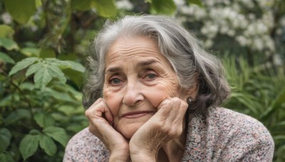 1girl,solo,looking at viewer,smile,jewelry,closed mouth,green eyes,upper body,white hair,grey hair,earrings,outdoors,blurry,lips,depth of field,blurry background,plant,portrait,head rest,realistic,hands on own face,old,old man,old woman,wrinkled skin,short hair,leaf,hands on own cheeks