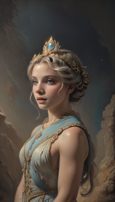 1girl,solo,long hair,breasts,looking at viewer,blue eyes,blonde hair,dress,bare shoulders,jewelry,medium breasts,upper body,small breasts,parted lips,sky,teeth,sleeveless,necklace,lips,grey eyes,sideboob,blue dress,tiara,gem,freckles,realistic,nose,blush,from side,eyelashes,crown,looking up