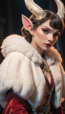 1girl,solo,breasts,looking at viewer,short hair,bangs,brown hair,black hair,dress,animal ears,cleavage,brown eyes,jewelry,medium breasts,closed mouth,upper body,braid,earrings,horns,pointy ears,hair bun,blurry,lips,fur trim,makeup,red dress,lipstick,gem,eyeshadow,freckles,nose,red lips,small breasts,parted lips,necklace,mole,mole under eye,capelet,backlighting,fur collar,realistic,fur