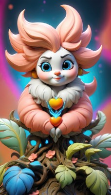 1girl,solo,long hair,looking at viewer,blush,smile,blue eyes,long sleeves,holding,jewelry,sitting,closed mouth,pink hair,flower,heart,earrings,artist name,tree,leaf,plant,fur collar,furry female,branch,open mouth,food,teeth,fur trim,fruit,colored skin,watermark,furry