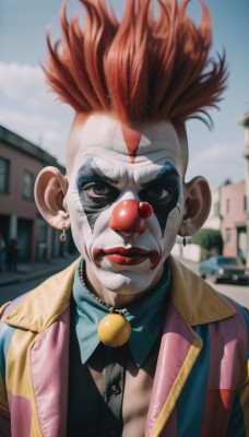 solo,looking at viewer,shirt,1boy,brown eyes,jewelry,jacket,upper body,male focus,red hair,earrings,outdoors,necktie,sky,day,collared shirt,orange hair,blurry,black eyes,vest,lips,bell,makeup,mask,floating hair,blurry background,facial mark,blue shirt,lipstick,ground vehicle,building,portrait,realistic,nose,red lips,facepaint,straight-on,clown,1girl,closed mouth,bowtie,necklace,blue sky,eyelashes,depth of field,formal,jingle bell,motor vehicle,neck bell,mohawk