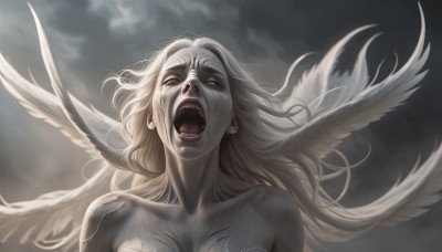 1girl,solo,long hair,breasts,looking at viewer,open mouth,blue eyes,blonde hair,bare shoulders,collarbone,upper body,white hair,nude,wings,sky,teeth,tongue,cloud,tattoo,floating hair,fangs,cloudy sky,feathered wings,angel wings,realistic,white wings,angel,screaming,grey sky,uvula,grey theme,lips,crying,head wings,messy hair,pale skin,portrait,facing viewer,multiple wings