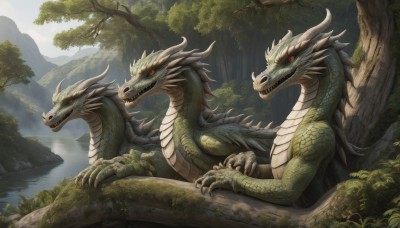 open mouth,red eyes,sitting,outdoors,horns,teeth,day,water,tree,no humans,fangs,sharp teeth,nature,scenery,claws,forest,monster,mountain,dragon,scales,river,sky,cloud,lake