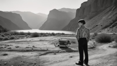 1girl,solo,short hair,shirt,long sleeves,1boy,hat,standing,monochrome,greyscale,male focus,outdoors,shoes,looking back,pants,hair bun,from behind,single hair bun,ground vehicle,sneakers,nature,scenery,motor vehicle,mountain,wide shot,jacket,collared shirt,black pants,grass,hands in pockets,car,road