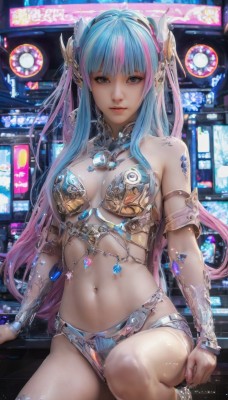 1girl,solo,long hair,breasts,looking at viewer,smile,bangs,blue eyes,hair ornament,navel,bare shoulders,jewelry,medium breasts,sitting,blue hair,pink hair,multicolored hair,parted lips,blunt bangs,stomach,armor,two-tone hair,lips,headgear,revealing clothes,armlet,realistic,bikini armor,cleavage,artist name,signature,watermark,science fiction,cyberpunk,neon lights