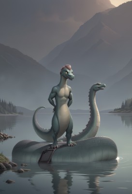 solo,1boy,nipples,standing,tail,full body,yellow eyes,male focus,nude,red hair,outdoors,sky,water,bag,tree,no humans,colored skin,animal,arms behind back,reflection,mountain,blue skin,scales,lake,cloud,nature,scenery,hands on hips,rock