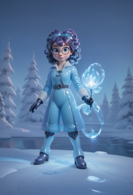 1girl,solo,looking at viewer,smile,short hair,blue eyes,gloves,holding,closed mouth,standing,full body,purple hair,boots,outdoors,glasses,black gloves,tree,coat,see-through,bodysuit,night,snow,freckles,black-framed eyewear,curly hair,ice,blue footwear,blue theme,round eyewear,open mouth,black hair,parted lips,teeth,belt,goggles,wand,blue gloves,pine tree