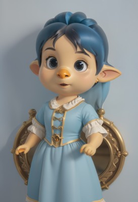 1girl,solo,long hair,looking at viewer,simple background,black hair,dress,holding,jewelry,blue hair,standing,ponytail,short sleeves,multicolored hair,earrings,pointy ears,grey background,black eyes,blue dress,child,furry,freckles,shield,female child,humanization,lalafell,short hair,open mouth,blue eyes,ahoge