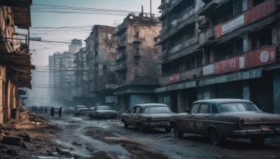 outdoors,sky,day,no humans,ground vehicle,building,scenery,motor vehicle,city,sign,car,road,ruins,vehicle focus,power lines,street,utility pole,truck,real world location,realistic,debris,tire