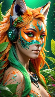 1girl,solo,long hair,breasts,looking at viewer,hair ornament,animal ears,cleavage,bare shoulders,jewelry,medium breasts,closed mouth,green eyes,upper body,flower,multicolored hair,green hair,artist name,signature,hair flower,necklace,orange hair,from side,lips,animal ear fluff,fox ears,eyelashes,tattoo,gradient hair,makeup,glowing,headphones,leaf,plant,slit pupils,eyeshadow,green background,nose,eyeliner,facepaint,mascara,bangs,facial mark,fox girl,portrait,nature,light particles,freckles,vines