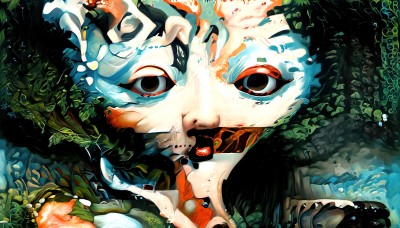 HQ,1girl,solo,looking at viewer,open mouth,red eyes,water,black eyes,leaf,plant,portrait,horror (theme),surreal,abstract,short hair,tree,eyeball,eye focus