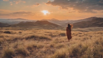 1girl,solo,long hair,skirt,black hair,standing,outdoors,sky,barefoot,cloud,from behind,red skirt,sunlight,cloudy sky,grass,wind,scenery,sunset,long skirt,mountain,sun,horizon,facing away,field,wide shot,evening,landscape,mountainous horizon,orange sky,hill,walking