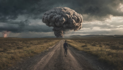 solo, 1boy, weapon, outdoors, sky, sword, cloud, signature, cloudy sky, scenery, walking, field