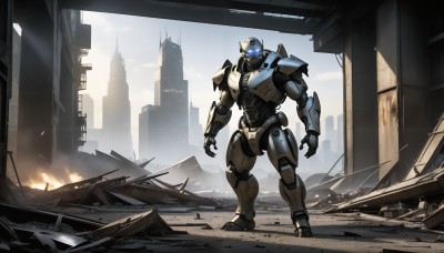 HQ,solo,blue eyes,1boy,standing,outdoors,sky,armor,no humans,glowing,fire,robot,building,mecha,glowing eyes,science fiction,city,realistic,ruins,damaged,open hands,power armor,rubble,cloud,smoke,cityscape,glowing eye,dust