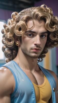 solo,looking at viewer,blue eyes,blonde hair,shirt,1boy,jewelry,upper body,male focus,earrings,parted lips,open clothes,sleeveless,signature,dark skin,blurry,vest,lips,sleeveless shirt,muscular,blurry background,facial hair,dark-skinned male,thick eyebrows,tank top,pectorals,beard,freckles,curly hair,yellow shirt,realistic,nose,mustache,chest hair,pectoral cleavage,open vest,brown hair,bare shoulders,shiny,artist name,muscular male,bara,mature male,stubble,manly,body hair,blue tank top