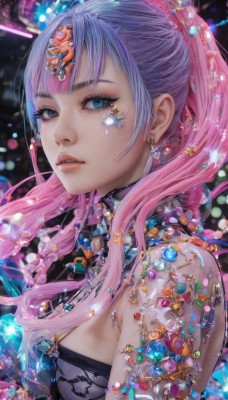 1girl,solo,long hair,breasts,looking at viewer,bangs,blue eyes,hair ornament,bare shoulders,jewelry,medium breasts,blue hair,upper body,ponytail,pink hair,purple hair,multicolored hair,earrings,parted lips,from side,two-tone hair,lips,eyelashes,gradient hair,makeup,facial mark,gem,eyeshadow,crystal,nose,blue gemstone,mascara,dress,flower,sidelocks,teeth,artist name,blunt bangs,necklace,blurry,depth of field,watermark,piercing,light particles,beads,eyeliner,bokeh,pearl (gemstone),head chain