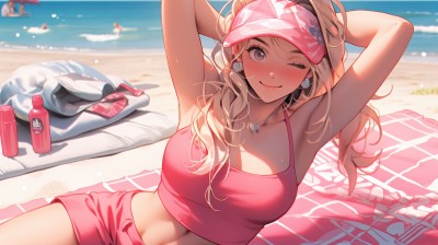 1girl,solo,long hair,breasts,looking at viewer,blush,smile,blonde hair,large breasts,navel,cleavage,bare shoulders,jewelry,sitting,closed mouth,purple eyes,collarbone,swimsuit,heart,sweat,earrings,outdoors,lying,one eye closed,shorts,sleeveless,solo focus,day,midriff,armpits,water,necklace,mole,blurry,arms up,lips,crop top,bare arms,short shorts,ocean,umbrella,beach,tank top,bottle,tan,towel,arms behind head,camisole,pink shirt,;),visor cap,sand,gyaru,beach umbrella,heart necklace,pink shorts,beach towel,multiple girls,twintails,medium breasts,sky,depth of field,blurry background,sunlight,can,water bottle