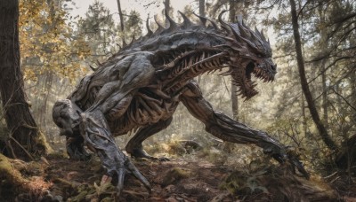 solo,open mouth,outdoors,teeth,day,tree,no humans,leaf,sharp teeth,nature,scenery,claws,forest,monster,ruins,dinosaur