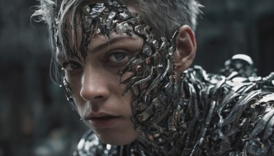 1girl,solo,looking at viewer,short hair,1boy,closed mouth,white hair,grey hair,male focus,blurry,black eyes,lips,grey eyes,blurry background,portrait,science fiction,realistic,very short hair,cyborg,cyberpunk,black hair,armor,expressionless,close-up,freckles,nose