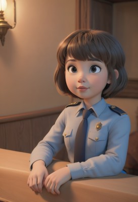 1girl,solo,smile,short hair,bangs,brown hair,shirt,long sleeves,brown eyes,sitting,upper body,parted lips,necktie,collared shirt,indoors,blurry,uniform,lips,table,bob cut,blue shirt,black necktie,desk,pocket,nose,lamp,breast pocket,badge,police,police uniform,policewoman,looking at viewer,freckles