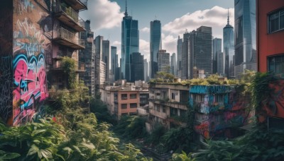 outdoors,sky,day,cloud,tree,blue sky,no humans,window,cloudy sky,plant,building,scenery,city,sign,cityscape,ruins,vines,skyscraper,graffiti,overgrown