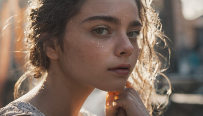 1girl, solo, looking at viewer, short hair, brown hair, black hair, brown eyes, parted lips, blurry, lips, blurry background, thick eyebrows, portrait, freckles, realistic