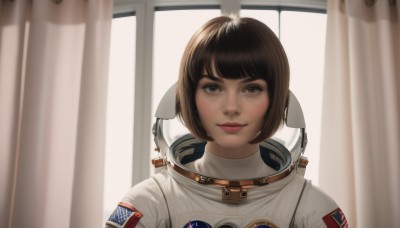 1girl,solo,looking at viewer,smile,short hair,bangs,brown hair,brown eyes,closed mouth,upper body,indoors,lips,window,bob cut,helmet,curtains,portrait,realistic,straight-on,american flag,spacesuit,space helmet,astronaut,makeup,backlighting,science fiction,nose