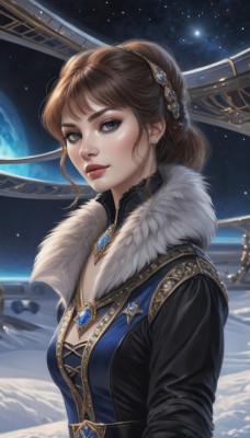 1girl,solo,long hair,breasts,looking at viewer,blue eyes,brown hair,hair ornament,dress,cleavage,jewelry,upper body,braid,earrings,small breasts,parted lips,sky,necklace,hair bun,lips,grey eyes,fur trim,eyelashes,makeup,single hair bun,lipstick,brooch,gem,star (sky),starry sky,freckles,fur collar,nose,red lips,eyeliner,space,planet,earth (planet),short hair,bangs,medium breasts,artist name,blue dress,snow,eyeshadow,realistic