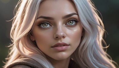 1girl,solo,long hair,looking at viewer,blonde hair,jewelry,green eyes,white hair,earrings,parted lips,teeth,artist name,blurry,lips,eyelashes,depth of field,blurry background,thick eyebrows,portrait,close-up,forehead,freckles,realistic,nose,stud earrings,bangs,makeup,watermark,backlighting