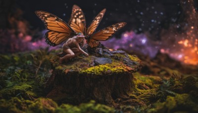 1girl,long hair,breasts,hair ornament,1boy,sitting,nipples,ass,flower,hetero,nude,outdoors,wings,barefoot,blurry,kneeling,night,grass,bug,butterfly,scenery,antennae,fairy,butterfly wings,solo,dress,tree,nature