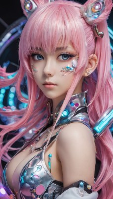 1girl,solo,long hair,breasts,looking at viewer,bangs,blue eyes,large breasts,hair ornament,cleavage,bare shoulders,jewelry,medium breasts,closed mouth,upper body,pink hair,earrings,detached sleeves,hair bun,lips,double bun,makeup,piercing,ear piercing,science fiction,realistic,nose,cone hair bun,animal ears,necklace,from side,eyelashes,facial mark