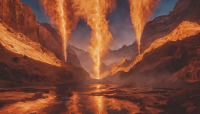 outdoors,sky,cloud,water,blue sky,no humans,night,fire,star (sky),night sky,scenery,smoke,starry sky,reflection,rock,mountain,landscape,orange theme,molten rock,ocean,fantasy