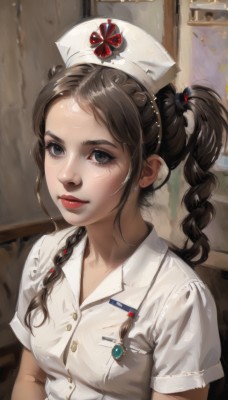 1girl,solo,long hair,breasts,looking at viewer,brown hair,shirt,black hair,hat,twintails,jewelry,white shirt,upper body,braid,short sleeves,earrings,parted lips,indoors,black eyes,twin braids,lips,grey eyes,single braid,makeup,buttons,white headwear,lipstick,pocket,realistic,nose,nurse cap,hair tie,red lips,nurse,breast pocket,bangs,brown eyes,sidelocks,eyelashes