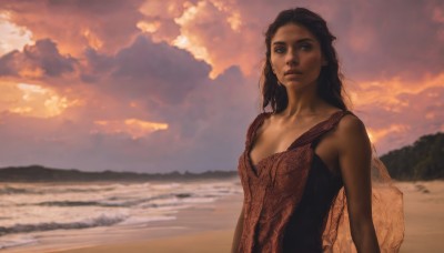 1girl,solo,long hair,breasts,looking at viewer,brown hair,black hair,dress,cleavage,bare shoulders,brown eyes,upper body,small breasts,outdoors,sky,sleeveless,cloud,dark skin,water,dark-skinned female,lips,ocean,beach,cloudy sky,sunset,realistic,nose,sand,jewelry,earrings,bag,mole