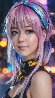 1girl,solo,long hair,breasts,looking at viewer,smile,bangs,blue eyes,cleavage,bare shoulders,jewelry,medium breasts,closed mouth,upper body,pink hair,sidelocks,multicolored hair,hairband,earrings,sleeveless,artist name,blurry,lips,clothing cutout,eyelashes,makeup,depth of field,blurry background,piercing,cleavage cutout,ear piercing,portrait,short hair with long locks,realistic,nose,bokeh,short hair,hair between eyes,necklace,from side,freckles,pink lips