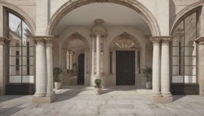 outdoors,day,indoors,no humans,window,shadow,plant,scenery,stairs,door,potted plant,pillar,arch,column,sky,sunlight,building,architecture