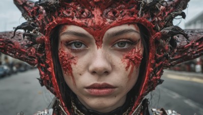 1girl,solo,looking at viewer,brown hair,black hair,brown eyes,closed mouth,outdoors,artist name,blurry,lips,blood,depth of field,blurry background,helmet,ground vehicle,portrait,motor vehicle,science fiction,blood on face,realistic,red lips,car,straight-on,armor,mole,eyelashes,mole under mouth,close-up,serious,nose,dirty