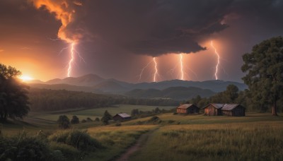 outdoors,sky,cloud,tree,no humans,cloudy sky,grass,building,nature,scenery,forest,sunset,mountain,sun,electricity,house,lightning,landscape,mountainous horizon,hill,road,bush,field,path