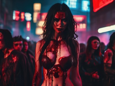 1girl,long hair,breasts,looking at viewer,black hair,navel,bare shoulders,medium breasts,underwear,upper body,solo focus,bra,blurry,lips,blood,night,blurry background,blood on face,realistic,blood on clothes,guro,smile,cleavage,black eyes,depth of field,messy hair