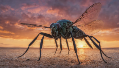 outdoors, wings, sky, cloud, blurry, no humans, ocean, animal, cloudy sky, bug, sunset, realistic, antennae, sun, horizon