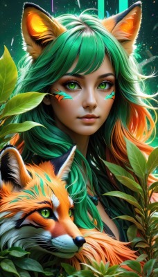 1girl,solo,long hair,breasts,looking at viewer,bangs,animal ears,cleavage,jewelry,closed mouth,green eyes,upper body,multicolored hair,green hair,artist name,cat ears,necklace,orange hair,two-tone hair,lips,animal ear fluff,fox ears,eyelashes,gradient hair,makeup,animal,leaf,watermark,facial mark,plant,slit pupils,portrait,eyeshadow,freckles,nose,whisker markings,fox,tiger,web address,facepaint