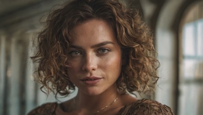 1girl,solo,looking at viewer,short hair,blonde hair,brown hair,brown eyes,jewelry,parted lips,indoors,medium hair,necklace,mole,blurry,lips,grey eyes,tattoo,depth of field,blurry background,wavy hair,messy hair,portrait,freckles,curly hair,realistic,nose,red lips,smile,teeth,window