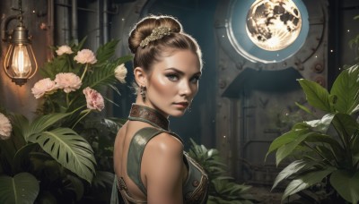 1girl,solo,breasts,looking at viewer,short hair,brown hair,hair ornament,dress,bare shoulders,brown eyes,jewelry,upper body,flower,earrings,sleeveless,choker,looking back,indoors,hair bun,lips,grey eyes,makeup,leaf,moon,single hair bun,plant,lantern,realistic,nose,lamp,medium breasts,from side,scenery