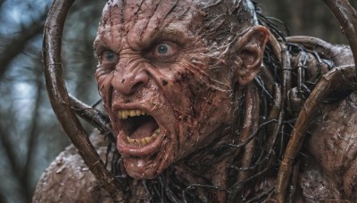 solo,open mouth,blue eyes,1boy,male focus,outdoors,teeth,tongue,blurry,tree,blurry background,portrait,realistic,bald,blood,close-up,veins,monster,cable,alien