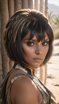 1girl,solo,looking at viewer,short hair,bangs,black hair,hair ornament,bare shoulders,brown eyes,jewelry,closed mouth,upper body,outdoors,sleeveless,day,artist name,dark skin,blurry,from side,dark-skinned female,lips,depth of field,blurry background,bob cut,feathers,freckles,realistic,nose,feather hair ornament,brown hair,necklace,portrait,close-up,facepaint,tribal,native american