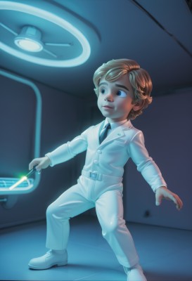 solo,short hair,blue eyes,blonde hair,brown hair,long sleeves,1boy,holding,brown eyes,closed mouth,standing,jacket,full body,male focus,necktie,shoes,belt,pants,indoors,formal,white footwear,white jacket,suit,child,science fiction,realistic,white pants,wand,white suit,uniform,male child,animification