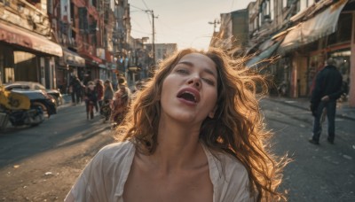 1girl,long hair,looking at viewer,open mouth,multiple girls,brown hair,shirt,brown eyes,collarbone,jacket,white shirt,outdoors,multiple boys,open clothes,teeth,solo focus,day,mole,blurry,lips,open shirt,looking up,ground vehicle,building,messy hair,motor vehicle,walking,6+boys,mole on breast,city,realistic,car,road,power lines,street,people,tongue,crying,wind,freckles,dirty,crowd