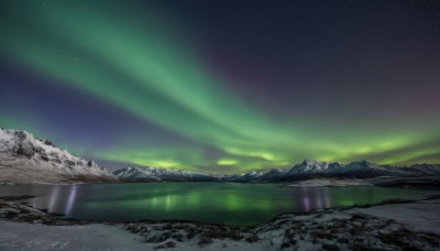 outdoors,sky,cloud,water,no humans,night,star (sky),nature,night sky,scenery,starry sky,reflection,rock,mountain,horizon,river,landscape,mountainous horizon,lake,aurora,snow